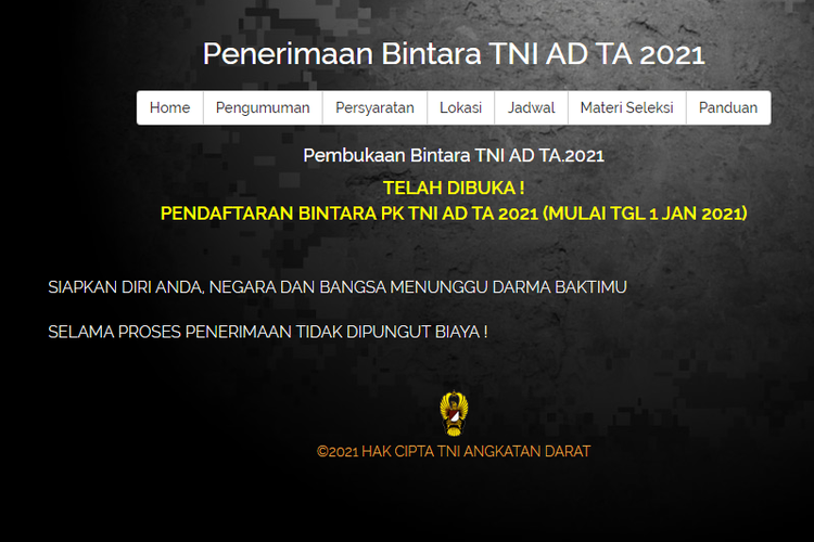 Tangkapan layar halam depan situs Penerimaan Bintara TNI AD Tahun Ajaran 2021.