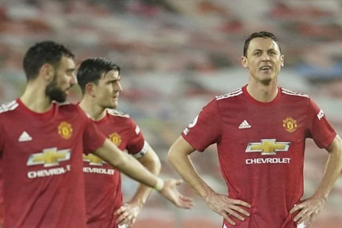 Para pemain Manchester United termasuk Bruno Fernandes dan Nemanja Matic bereaksi pada laga Man United vs Sheffield United, Kamis (28/1/2021) dini hari WIB.