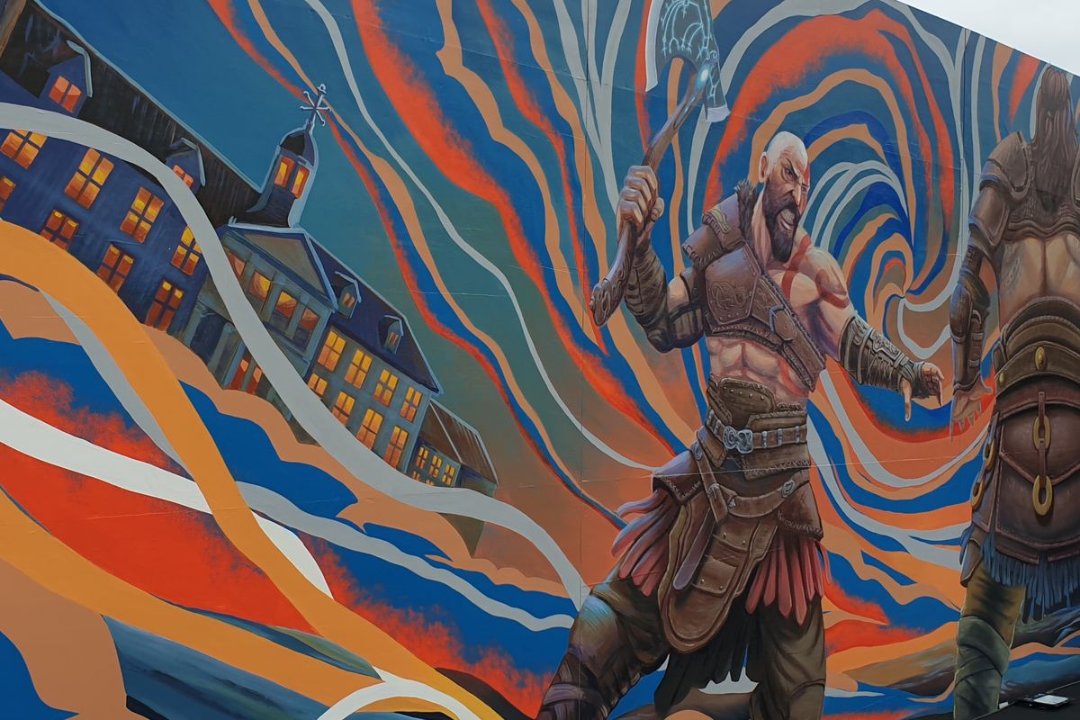 Ada Kratos dari game God of War mejeng di Kota Tua, Jakarta. Bukan dalam bentuk nyata, melainkan dalam sebuah mural yang dibuat khusus untuk menyambut peluncuran game God of War Ragnarok. 