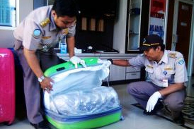 Petugas Stasiun Karantina Ikan Pengendalian Mutu dan Keamanan hasil Perikanan (KIPM) Kelas 1 Yogyakarta. saat membuka koper yang berisi ratusan ribu ekor baby lobster yang hendak diselundupkan ke Singapura.