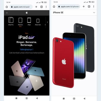 Tangkapan layar iPad Air 2022 dan iPhone SE 2022 sudah dipajang di situs resmi Apple Indonesia, Rabu (6/4/2022).