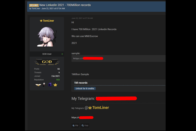 Penjual dengan username GOD mengklaim memiliki data 700 juta pengguna LinkedIn dan dijual di situs RaidForums.