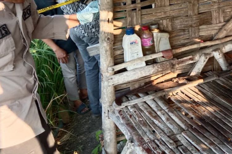 Polisi melakukan olah di Tempat Kejadian Perkara (TKP) mayat berceceran darah ditemukan di Desa Sambogunung, Kecamatan Dukun, Gresik, Jawa Timur.