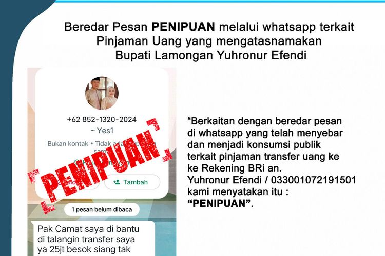 Tangkapan layar pesan singkat whatsapp yang mencatut nama Bupati Lamongan Yuhronur Efendi, untuk penipuan meminta sejumlah uang.