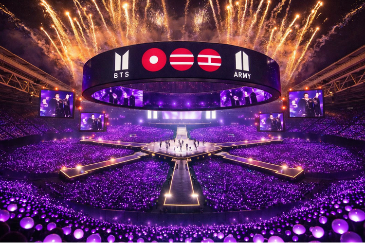Ilustrasi suasana konser comeback BTS 2026 dengan panggung 360 derajat dan dikelilingi purple ocean.