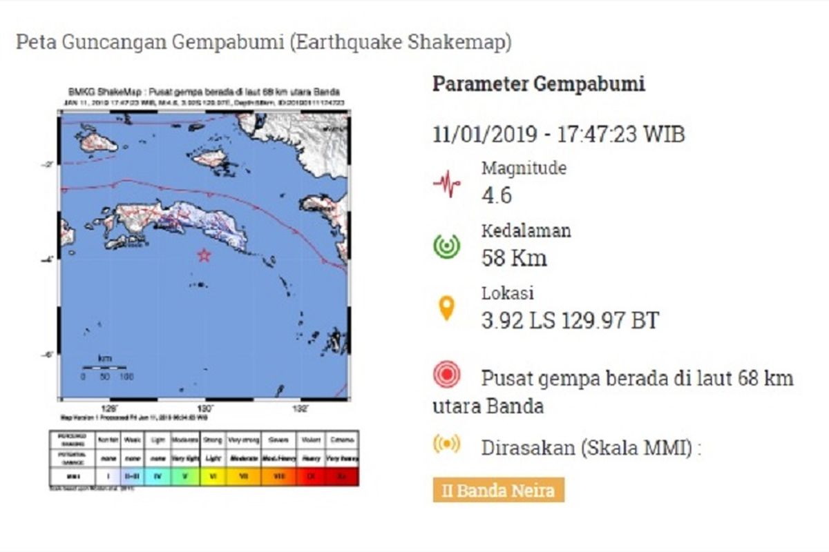 Peta guncangan gempa M 4,6 Banda Neira