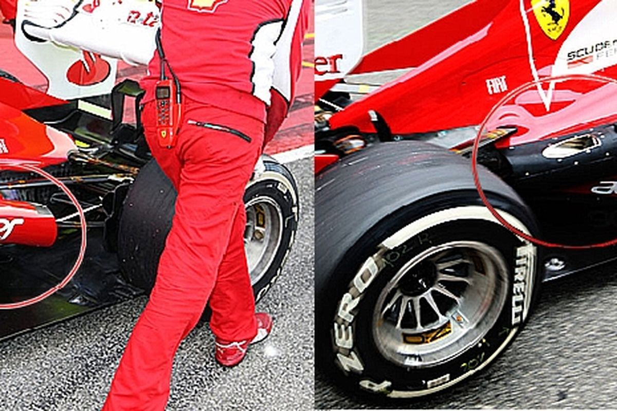 Desain baru ujung knalpot (kiri) saat tes di Mugello menghantar Alonso menjadi yang tercepat. Sementara rancangan lamam (kanan) ujung knalpot menyatu dengan lubang pembuangan udara panas yang berpengaruh pada daya cengkeram.