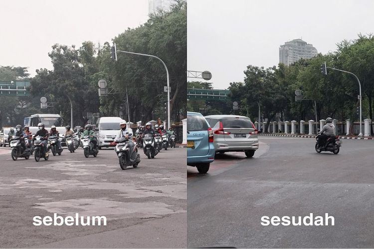 Kondisi Jalan Medan Merdeka Utara, Gambir, Jakarta Pusat, sebelum dan sesudah perbaikan, Selasa (6/6/2023). (KOMPAS.com/XENA OLIVIA)