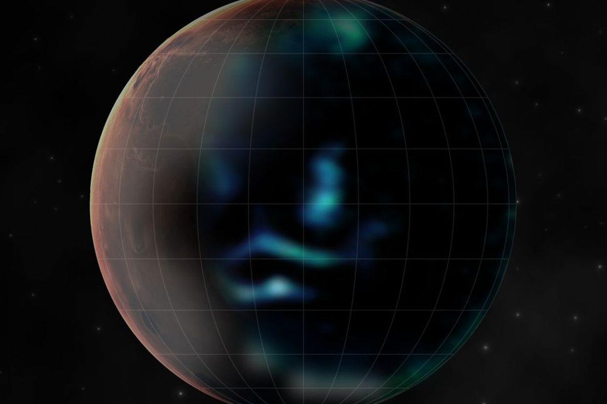 Ilustrasi aurora diskrit di Planet Mars yang ditangkap wahana antariksa Hope milik Uni Emirat Arab.