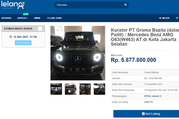 Tangkapan layar laman lelang Mercedes-Benz G63 yang akan diselenggarakan pemerintah di situs lelang.go.id