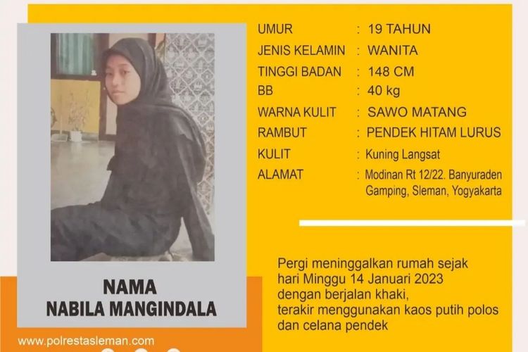 Informasi orang hilang atas nama Nabila Mangindala yang diposting di akun Instagram Polresta Sleman.