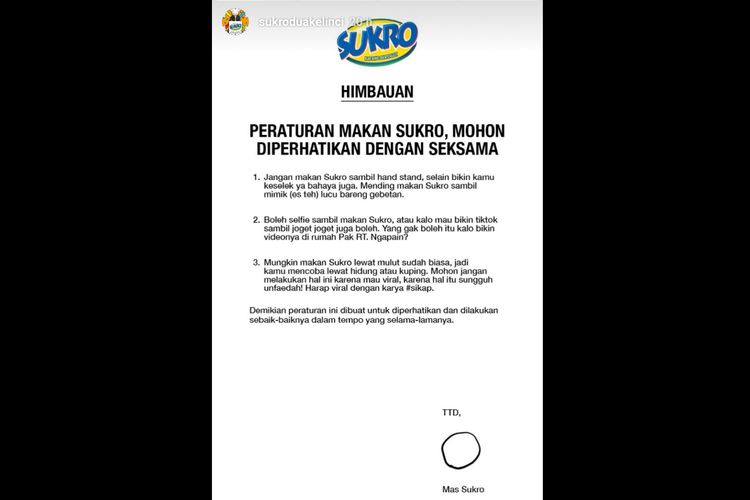 Sukro Dua Kelinci ikut mengeluarkan surat edaran nyeleneh di akun Instagram-nya.