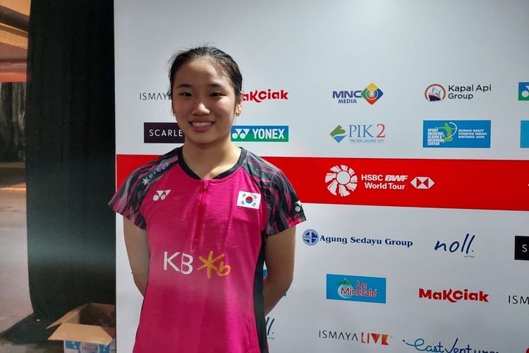 Pebulu tangkis tunggal putri An Se Young usai memenangi babak pertama Indonesia Open 2022 di Istora Senayan, Jakarta, Selasa (14/6/2022). 