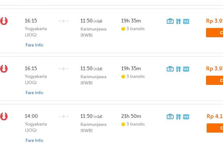 Daftar harga beberapa penerbangan ke Karimunjawa dari Yogyakarta.