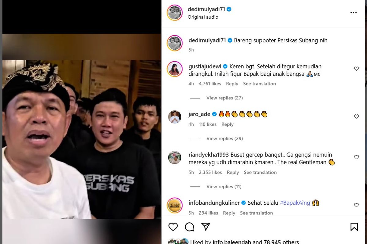 Sejumlah pendukung klub sepakbola asal Subang, Jawa Barat, Persikas mendatangi kediaman Gubernur Jawa Barat Dedi Mulyadi, Jumat (30/5/2025).