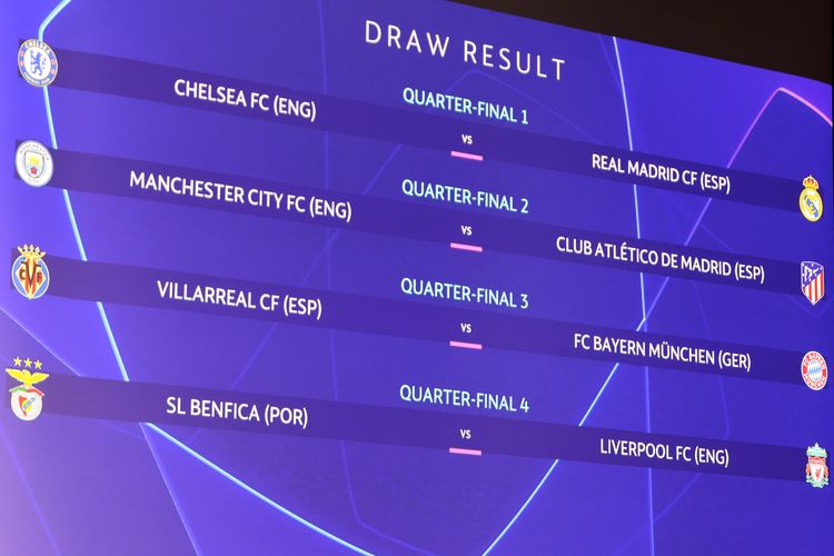 Hasil drawing Liga Champions 2021-2022 pada babak perempat final yang dilangsungkan di markas UEFA, Nyon, Swiss, Jumat 18 Maret 2022.