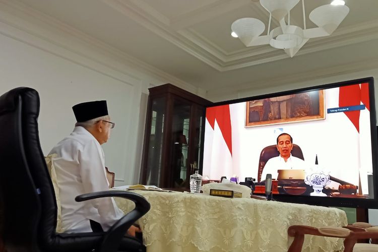 Wakil Presiden Maruf Amin saat melakukan video conference dengan Presiden Jokowi, Rabu (18/3/2020).
