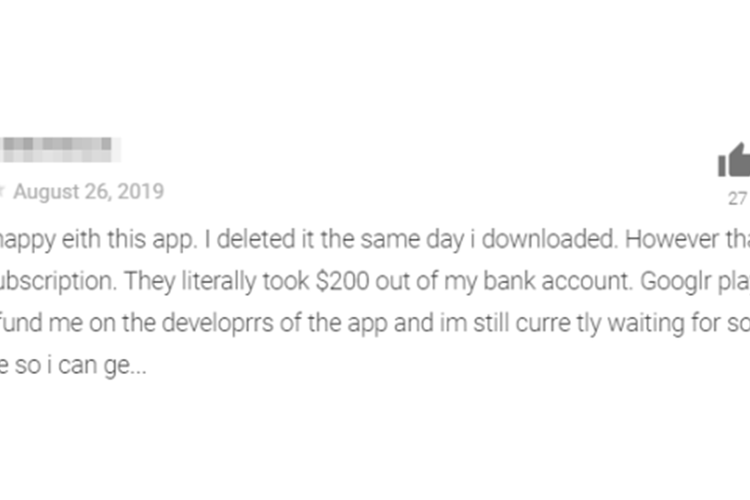 Salah satu contoh review dari korban aplikasi fleeceware