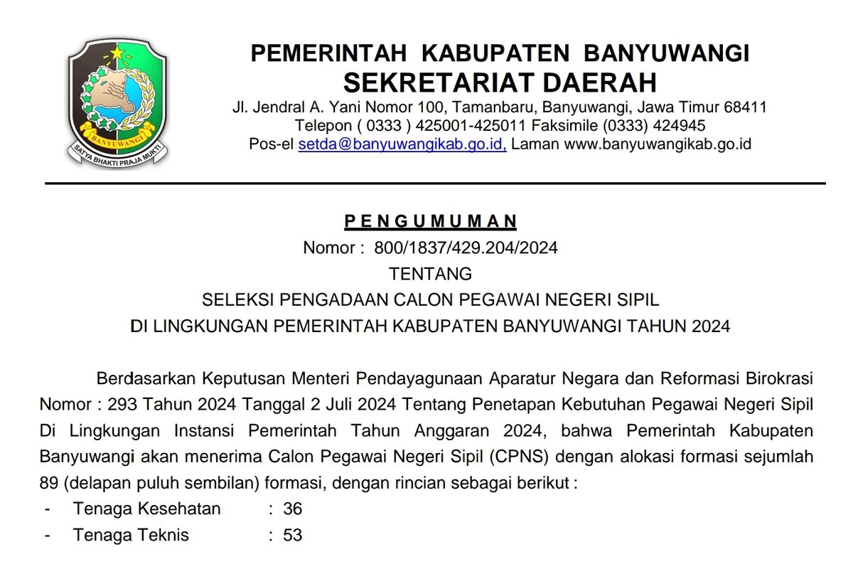Pengumuman seleksi dan formasi CPNS 2024 di lingkungan Pemerintah Kabupaten Banyuwangi.