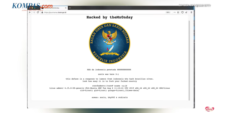 Serangan terhadap situs BSSN tersebut diunggah akun Twitter dengan handle @son1x777.