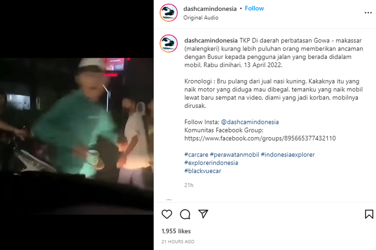 Tangkapan layar sekelompok orang memberi ancaman kepada pengguna jalan di Gowa, Makassar pada Rabu (13/4/2022) dini hari