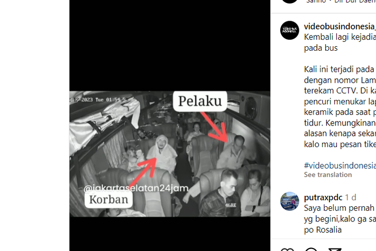 Aksi pencuri laptop di dalam bus PO Sinar Jaya