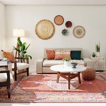 Ilustrasi ruang tamu putih dengan beragam aksen dekorasi.