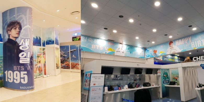 COEX Aquarium di Korea Selatan yang dihiasi foto dan pernak-pernik gambar V BTS.