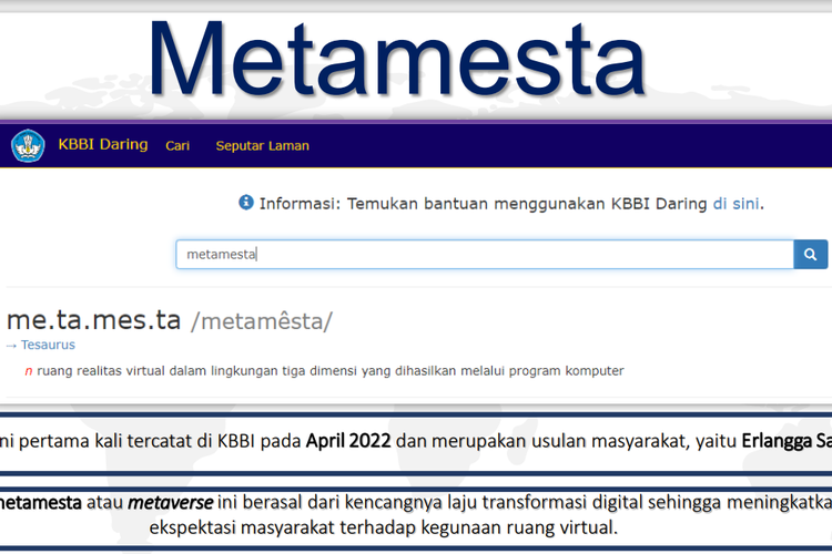 Kata metamesta ditetapkan sebagai Kata Tahun Ini (KTI) tahun 2022 oleh Badan Pengembangan dan Pembinaan Bahasa (Badan Bahasa).