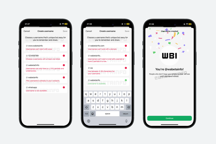 Bocoran tampilan fitur username WhatsApp. Pengguna dapat membuat username unik yang akan ditampilkan kepada orang lain ketika memulai percakapan, menggantikan nomor HP sebagai identitas utama dalam chat dan grup.