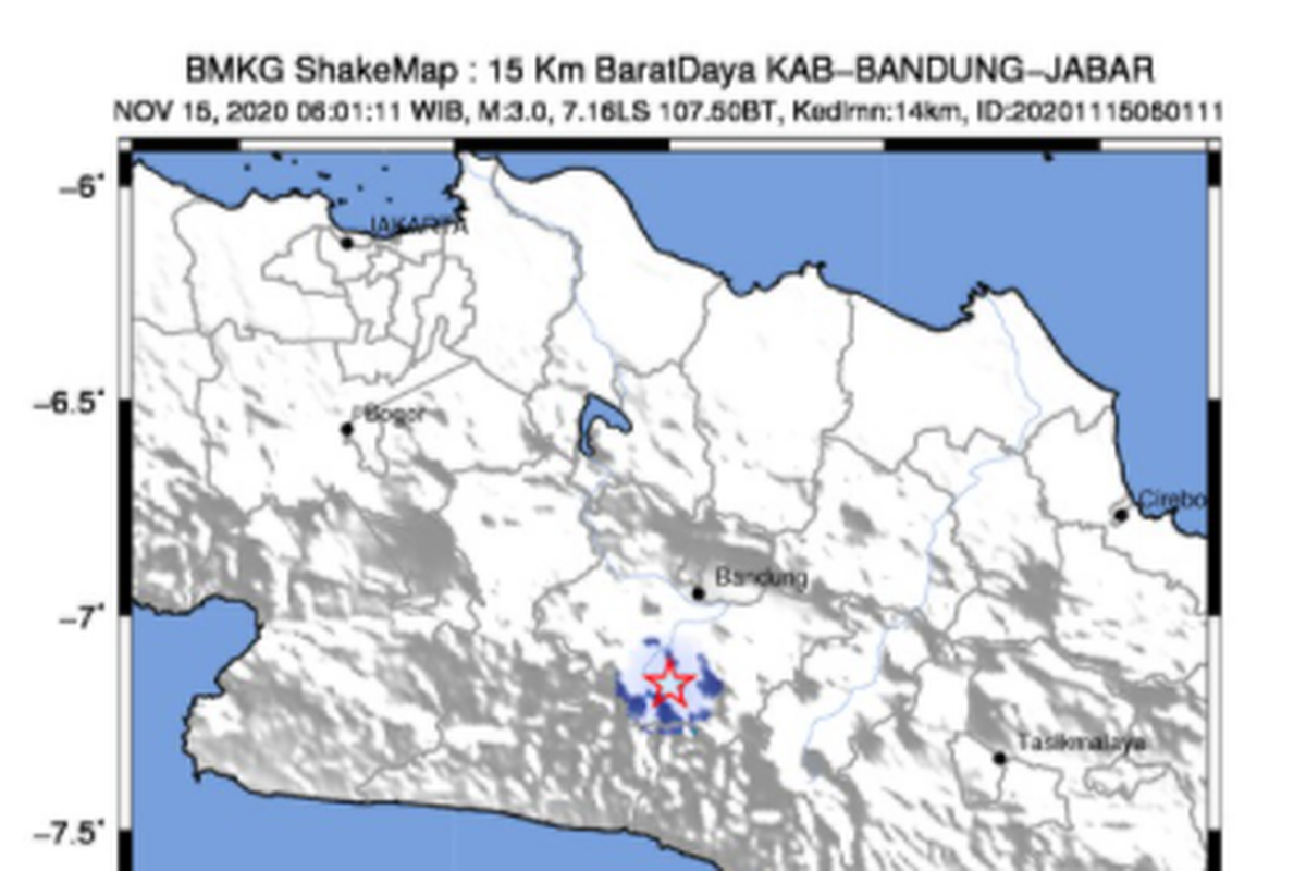 Tangkapan layar peta gempa bumi yang mengguncang Kecamatan Rancabali, Bandung pada Minggu (15/11/2020).