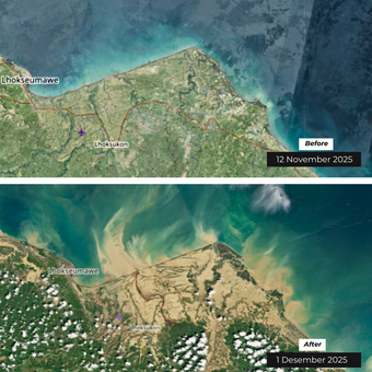 Foto citra satelit Aceh Timur, Aceh sebelum banjir bandang (sebelah atas) dan sesudah musibah (sebelah bawah).