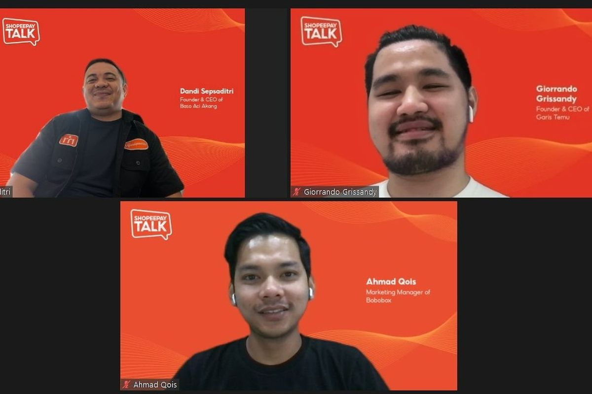 Founder dan Chief Executive Officer (CEO) Baso Aci Akang, Dandi Sepsaditri, Founder dan CEO Garis Temu, Giorrando Grissandy, dan Marketing Manager Bobobox, Ahmad Qois dalam ShopeePay Talk bertajuk Dari Konten Turun ke Hati.