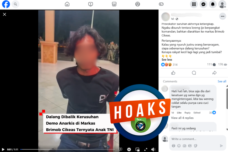 Tangkapan layar unggahan dengan narasi keliru di sebuah akun Facebook, Minggu (31/8/2025), mengenai tersangka provokator penyerangan Mako Brimob mengaku disuruh anak anggota TNI.