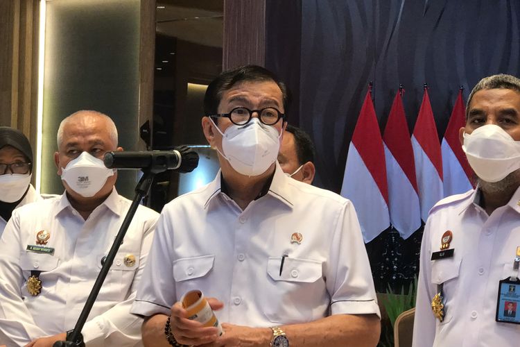 Menteri Hukum dan Hak Asasi Manusia (Menkumham) Yasonna Laoly dalam kegiatan refleksi akhir tahun 2021 di Gedung Pengayoman Kementerian Hukum dan HAM, Rabu (29/12/2021).