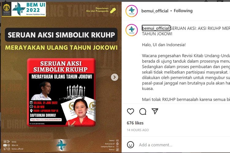 BEM UI akan menggelar aksi unjuk rasa memprotes pembahasan RKUHP di Patung Kuda Arjuna Wiwaha, Jakarta Pusat, Selasa (21/6/2022).