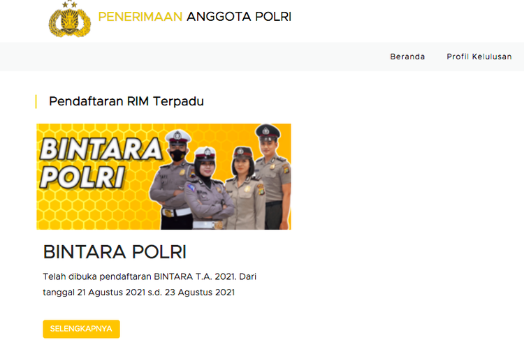 Tampilan halaman utama website penerimaan anggota Polri