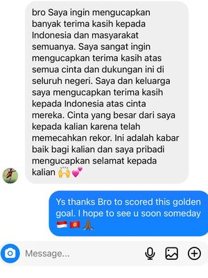 Isi pesan penyerang timnas Kirgistan, Joel Kojo, ke agen pemain Gabriel Budi yang ditujukan ke seluruh pendukung sepak bola Indonesia.