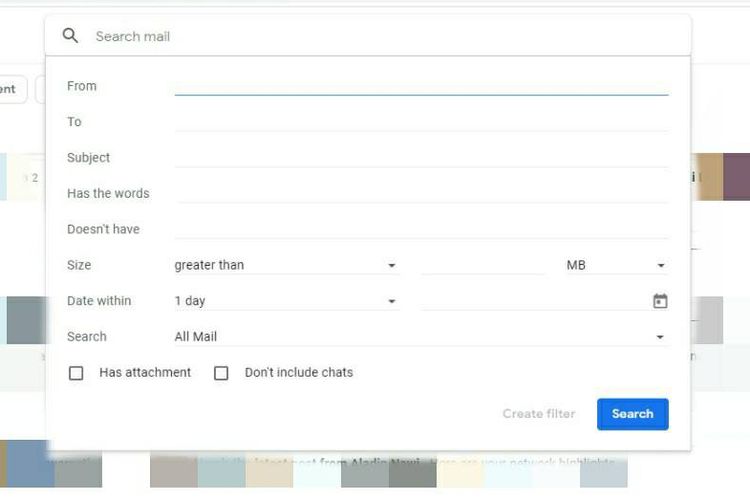 Kolom pencarian di Gmail menyediakan fitur yang dapat membantu pengguna dalam mencari e-mail tertentu.