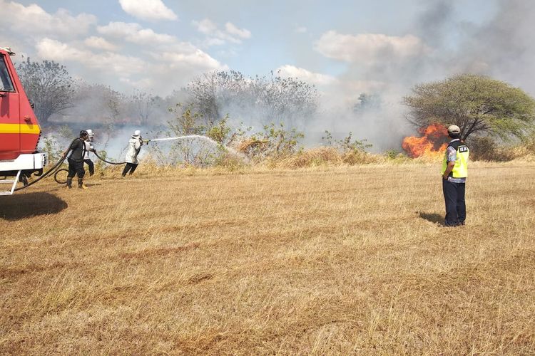 Kebakaran menjalar hingga ujung landasan Bandara El Tari Kupang, Nusa Tenggara Timur (NTT), Jumat (21/6/2019)