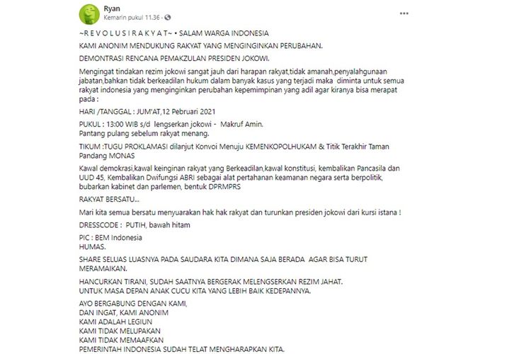 Tangkapan layar unggahan hoaks yang menyebut Badan Eksekutif Mahasiswa Seluruh Indonesia (BEM SI) akan menggelar aksi pemakzulan Presiden Joko Widodo dan Wakil Presiden Ma'ruf Amin.