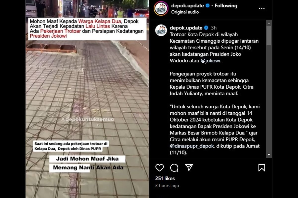 Pekerjaan trotoar di Kelapa Dua Depok untuk menyambut kunjungan Presiden RI Joko Widodo ke Mako Brimob