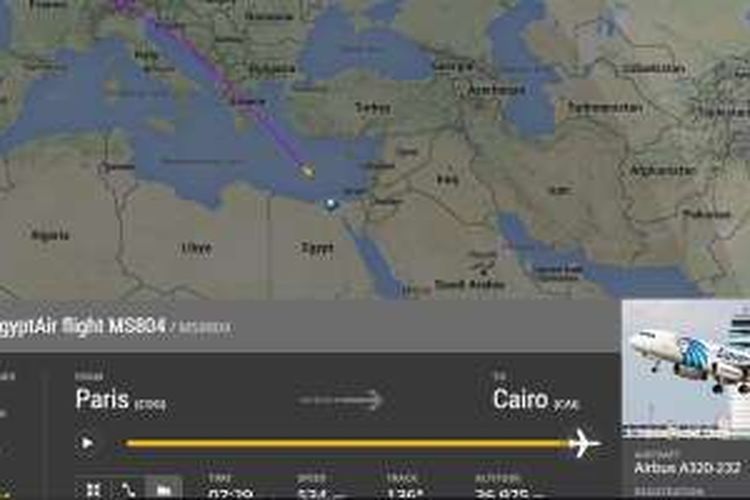 Rekam jejak pesawat EgyptAir penerbangan MS804 yang hilang Kamis (19/5/2016), di situs Flightradar24.com