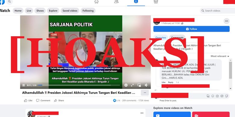 Tangkapan layar Facebook narasi yang menyebut bahwa Presiden Jokowi turun tangan dalam kasus pembunuhan Brigadir J, sehingga Bharada E hanya divonis dua tahun.