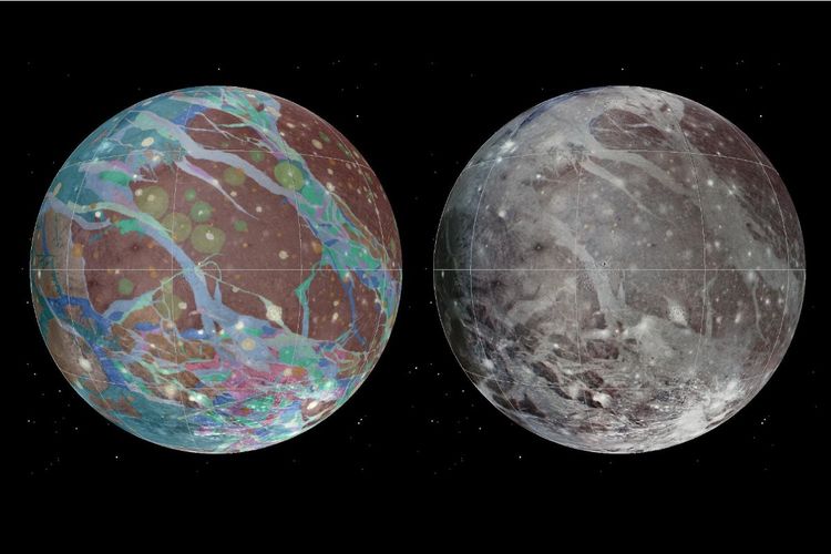 Gambar atau foto Ganymede, bulan terbesar planet Jupiter. Foto Ganymede (kiri) diambil oleh pesawat ruang angkasa NASA Voyager dan NASA Galileo (kanan).