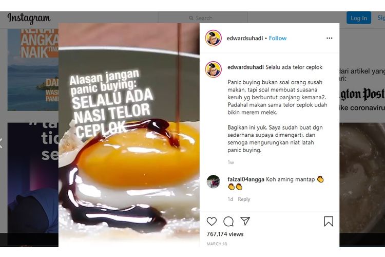 Salah satu video yang dibuat Edward Suhadi dan diunggah di akun Instragramnya @edwardsuhadi
