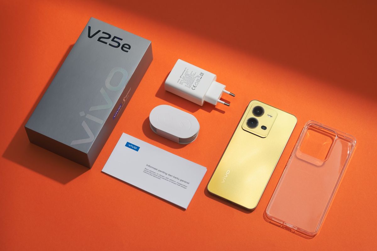 Paket pembelian Vivo V25e Sunrise Gold.