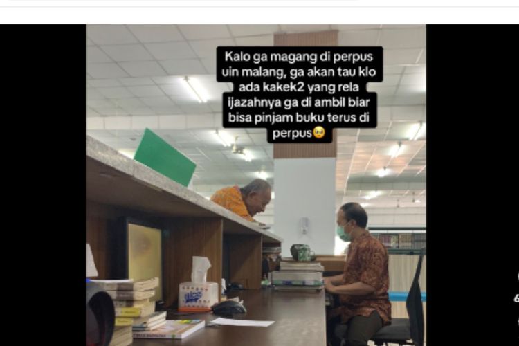 Tangkapan layar video TikTok dengan narasi seorang kakek sengaja tidak mengambil ijazah supaya dirinya masih memiliki akses untuk meminjam buku di perpustakaan di UIN Maulana Malik Ibrahim, Malang.