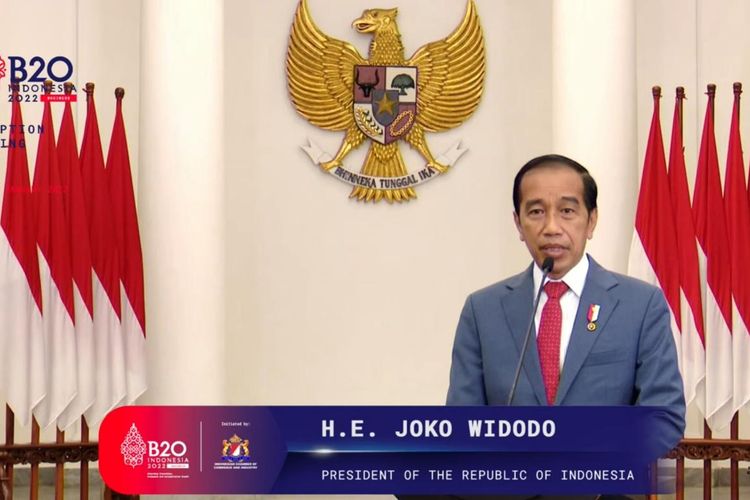 Presiden RI Joko Widodo memberikan arahan dalam Inception Meeting B20 yang dihadiri oleh negara-negara delegasi G20, termasuk mantan Perdana Menteri Inggris, Tony Blair, di Jakarta, Kamis (27/1/2022). 