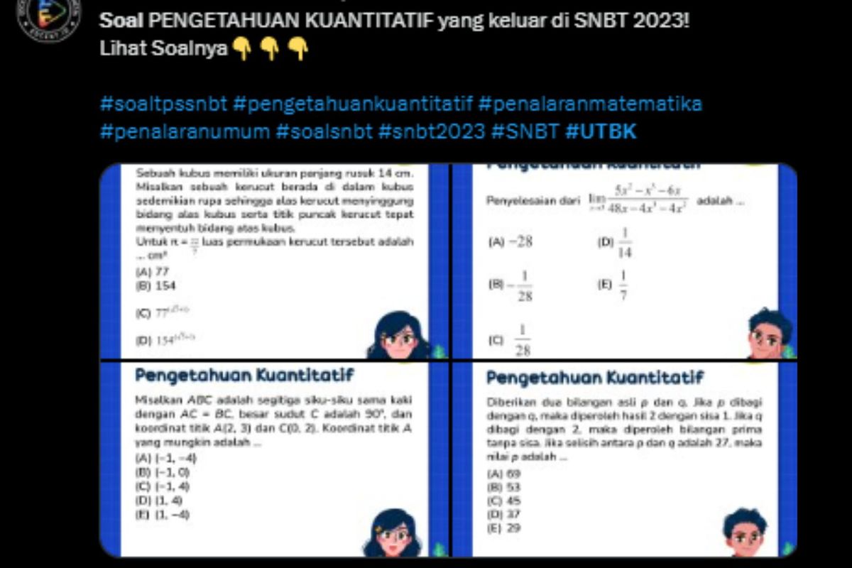 Tangkapan layar diduga soal UTBK SNBT 2023 hari pertama gelombang I yang beredar di media sosial.